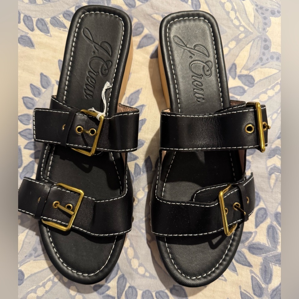 J. Crew Black Double-Strap Slide Sandals with Gold Buckles